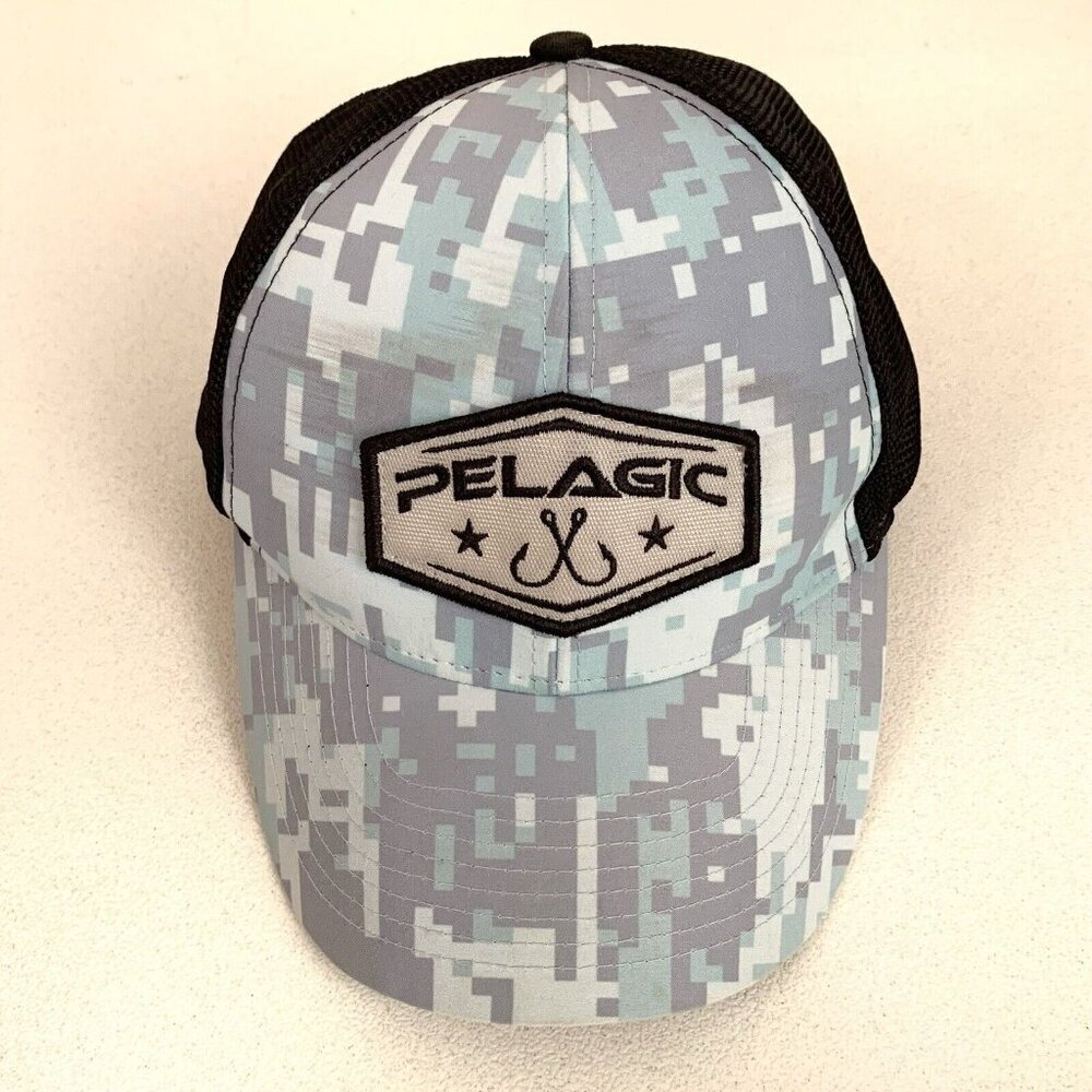 Pelagic Camo Fishing Hat Cap Gray‎ Black Mesh Back Hook & Loop Close Embroidered